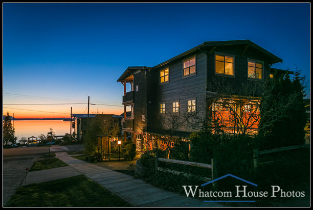 Dusk exterior, view to Bellingham Bay